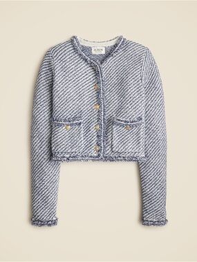 J.Crew Collection Cropped Lady Jacket XXS Blue Tweed Fringe Gold Button